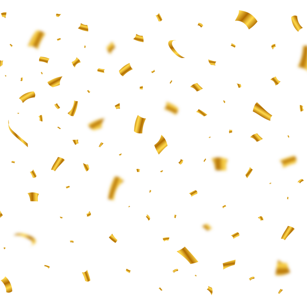 Golden confetti explosion isolated on transparent background. Festival elements PNG. Shiny party tinsel and confetti falling. Confetti PNG for carnival background. Anniversary celebration PNG.