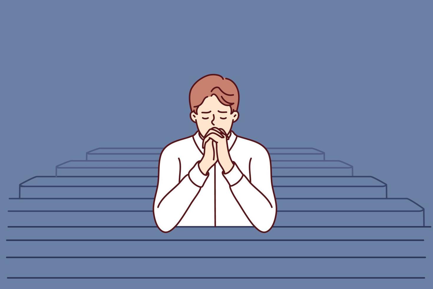 Christian man sits and prays in catholic church, turning to god to confess or ask for help. Believing guy in church and prays to feel psychological relief or observe religious ritual vector