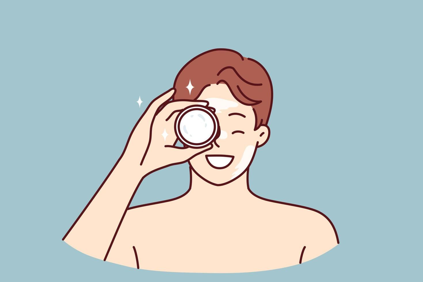 Man demonstrates jar of cream bought in cosmetic store to moisturize his face or get rid of wrinkles. Young guy with bare shoulders recommends purchasing nourishing balm or cream for skin care vector