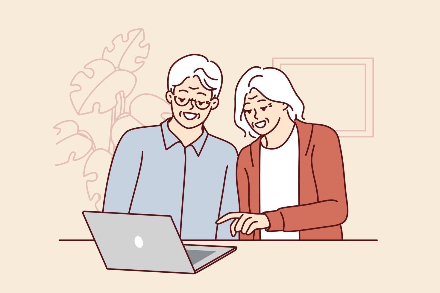 Elderly men and women are sitting at table with laptop learning how to handle modern technology and computer literacy. Elderly couple make video call to children using laptop with internet vector