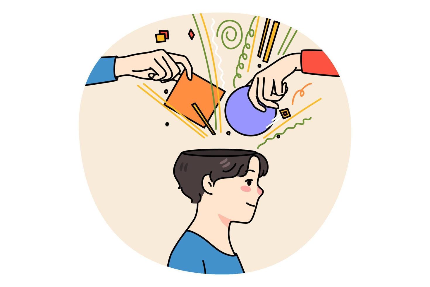 People hands put objects in man head vector
