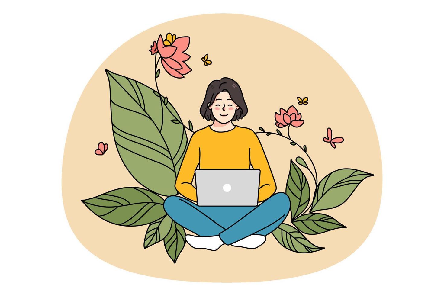 Smiling girl work on computer on flowery background vector