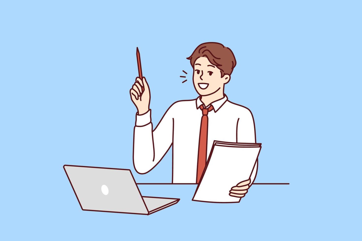 Businessman is sitting at table with laptop raising pen up participating in webinar on management. Guy student with notebook in hand raises hand wishing to become successful businessman vector