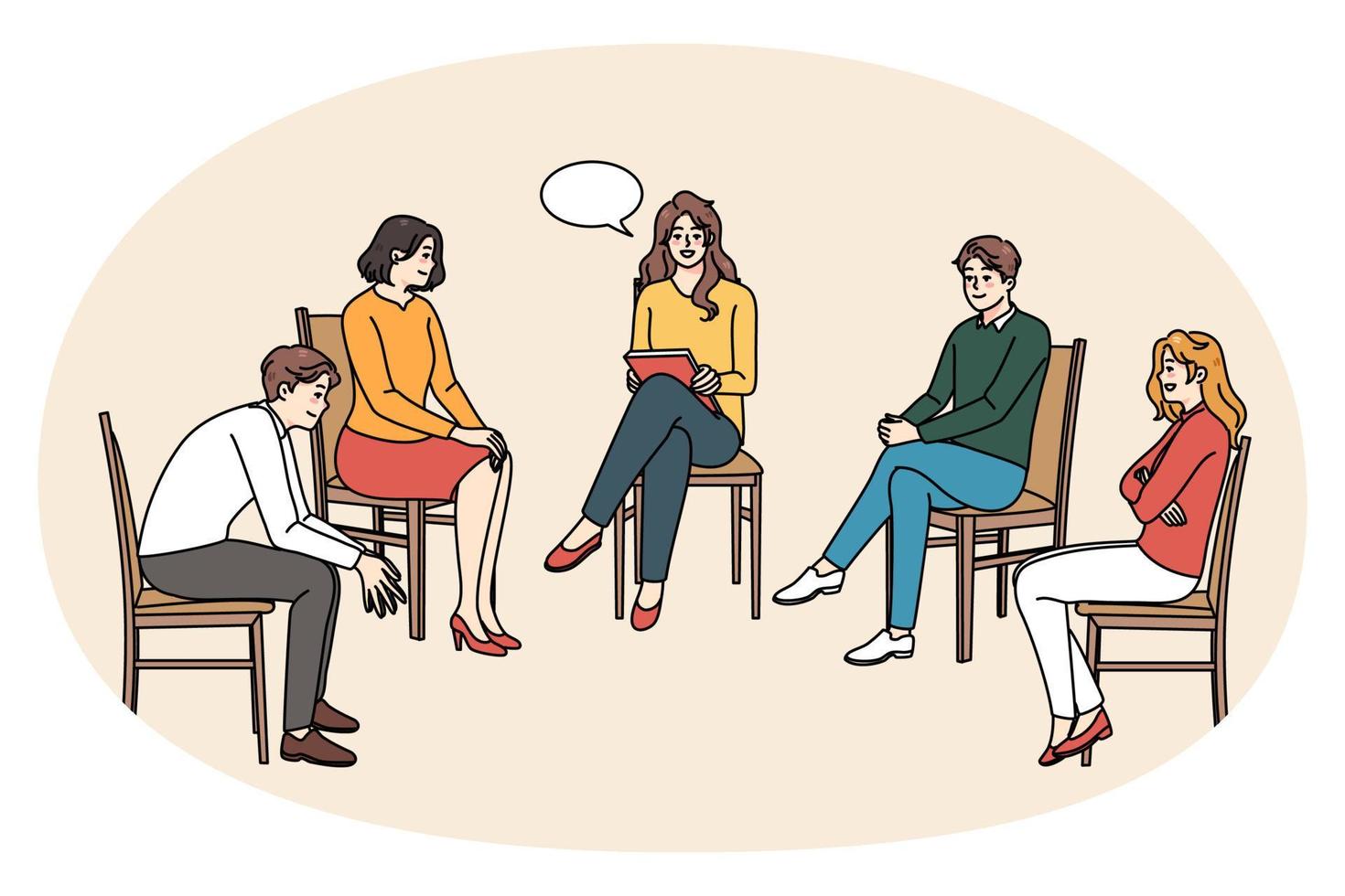 Diverse people at group counseling session with psychotherapist vector