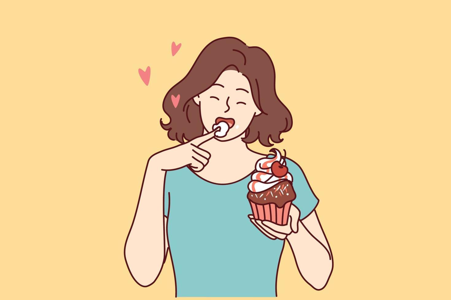 Woman eats delicious cupcake, licking sweet cream from finger and enjoying appetizing dessert bought in craft bakery. Beautiful girl having lunch with cupcake with fresh berries from cake shop vector