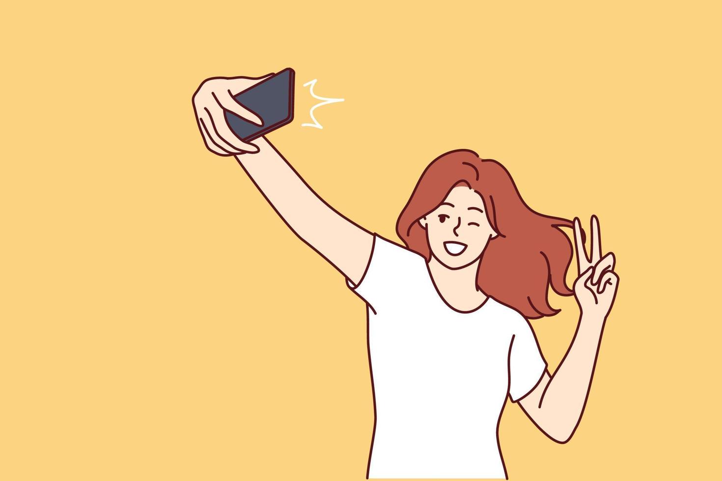 mujer se ríe tomando selfie y demostración paz firmar a enviar foto en social red o Fechado sitio. positivo niña blogger haciendo gesto con dedos grabación selfie vídeo para suscriptores vector