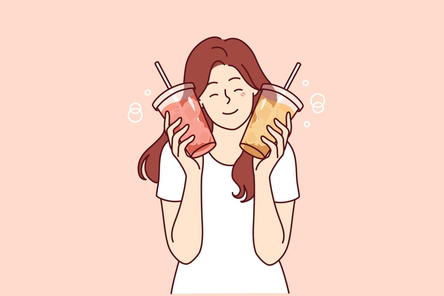 Woman holds two plastic cups with lemonade or soda bought at coffee shop or ordered at takeaway restaurant. Girl in casual t-shirt with iced lemonade wants to cool off after hot summer walk vector