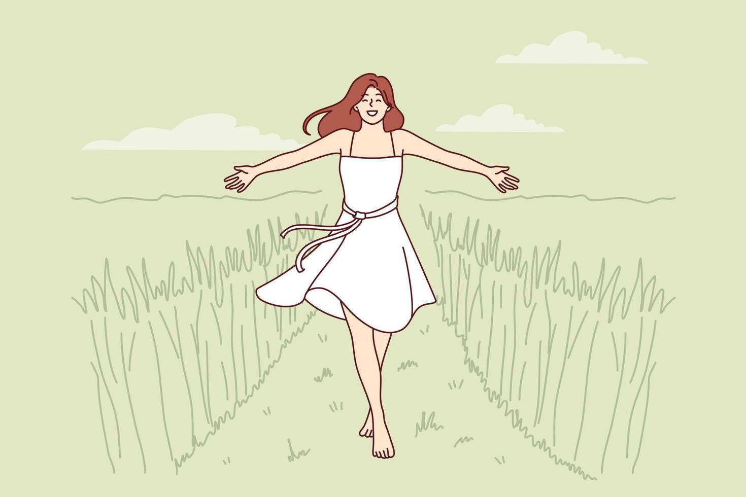 Woman walks along path among tall grass enjoying beautiful nature in rural or farming area. Girl in dress enjoys walk in wild nature or agricultural field in ecologically clean place. vector