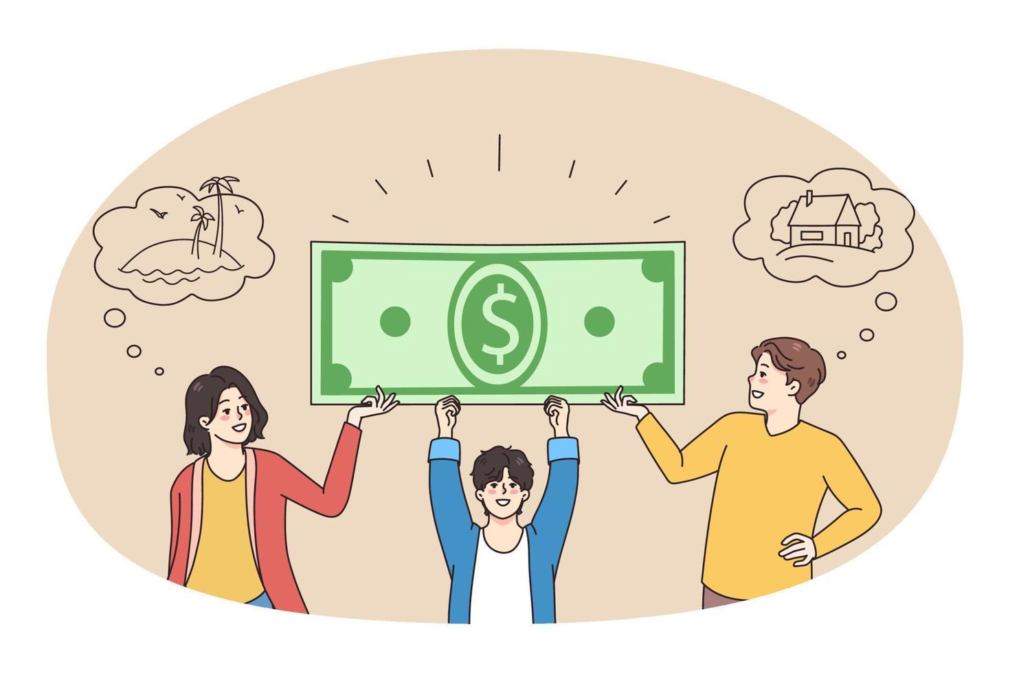 Happy family with kids holding dollar banknote vector