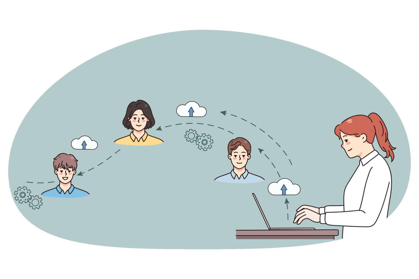 Businesswoman connect with colleagues on network vector
