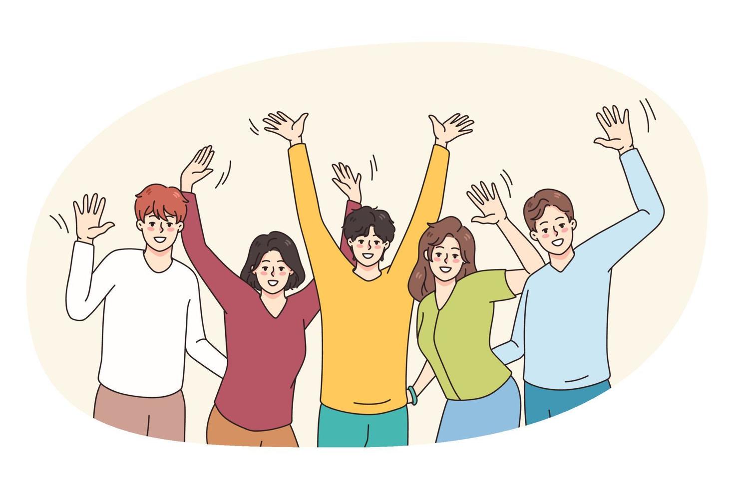 Happy young people raise hands have fun together vector