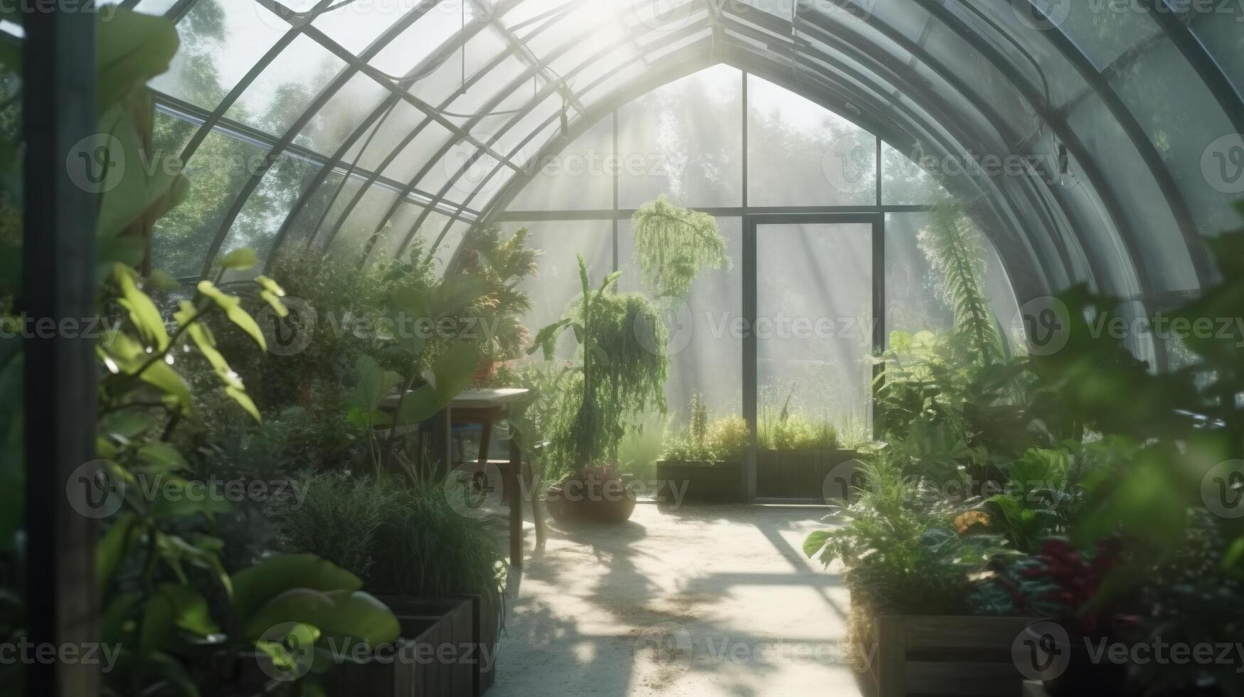 , Green house from the glass, tent-glass garden with a lot of plants. realistic effect. photo