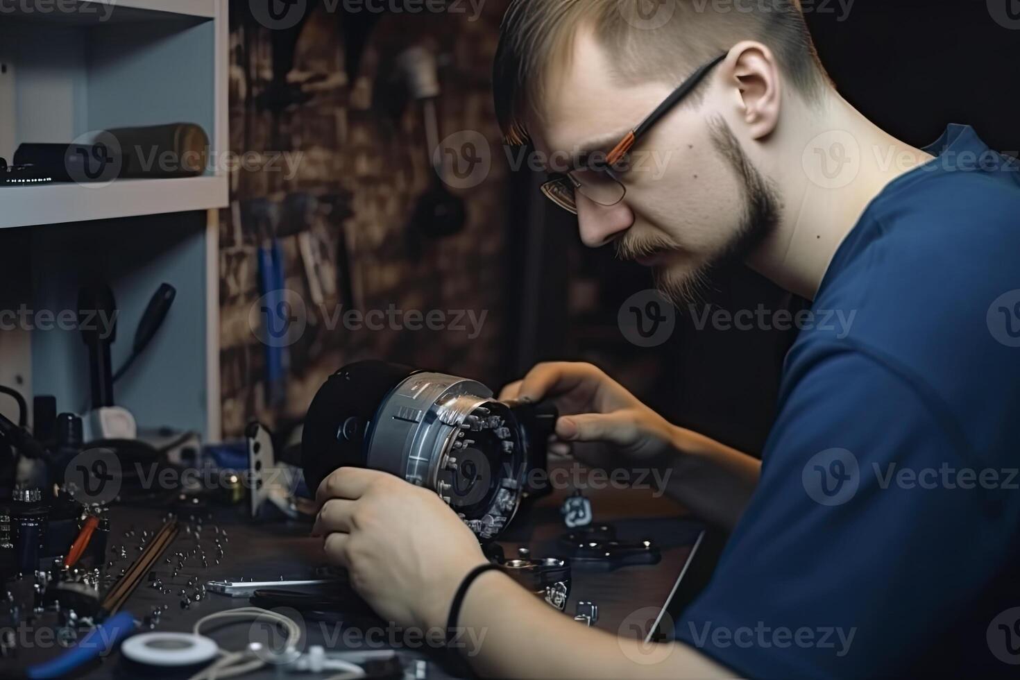 A surveillance service worker installs a camera. photo