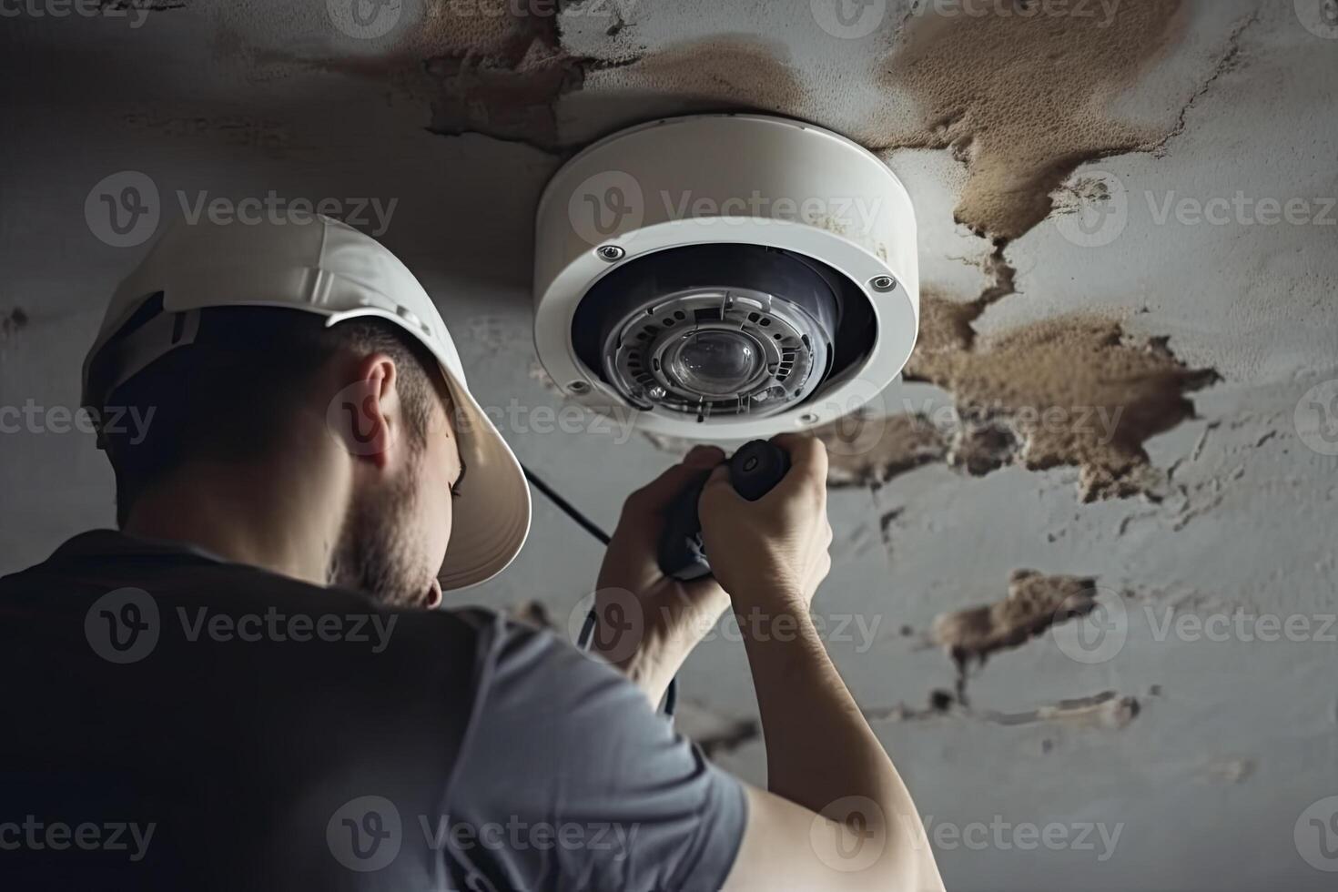 A surveillance service worker installs a camera. photo