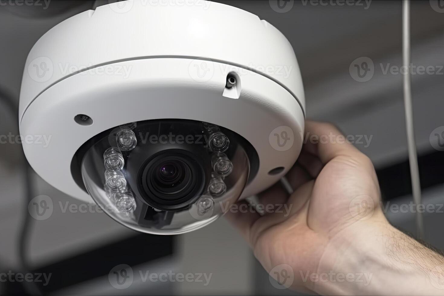 A surveillance service worker installs a camera. photo
