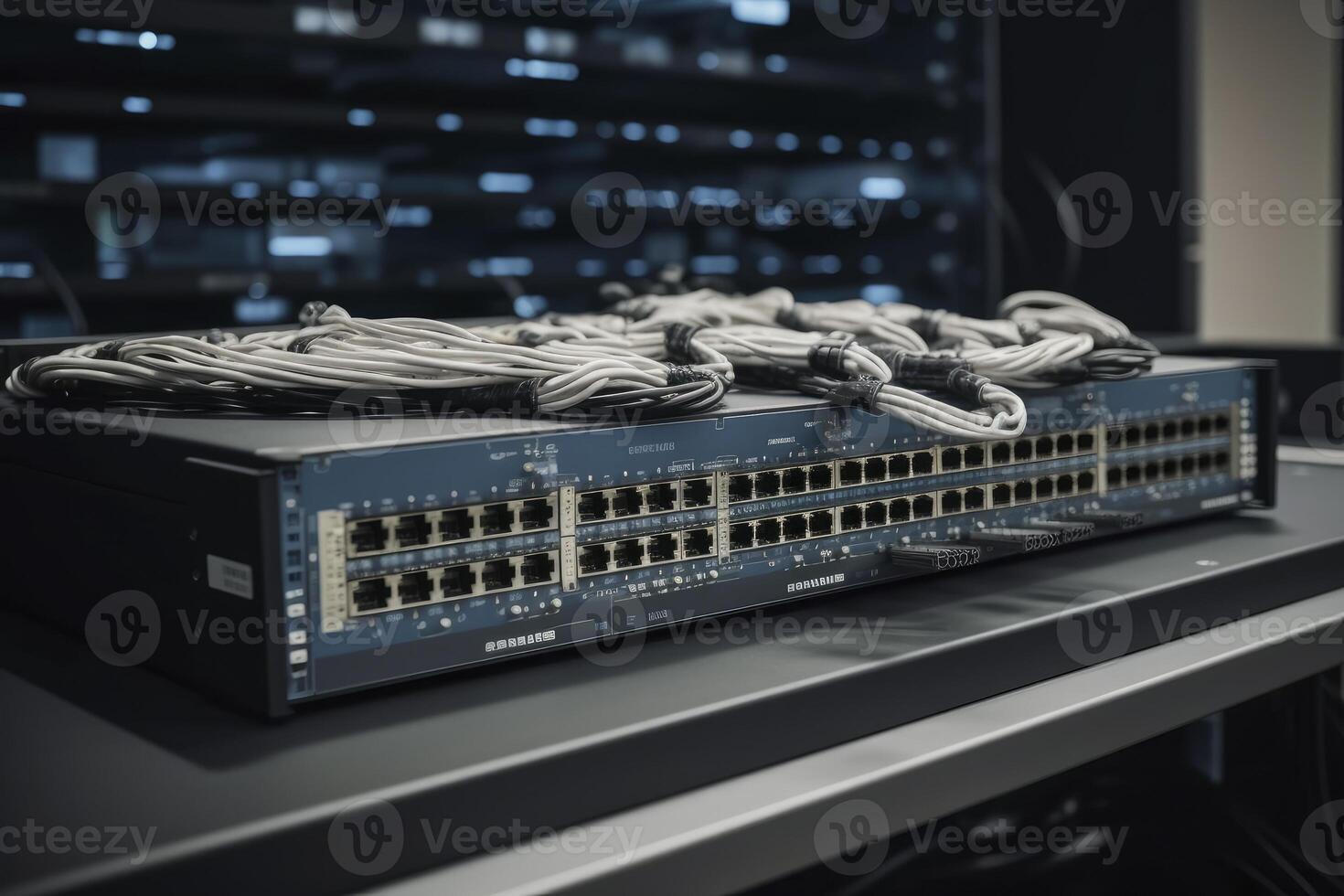 Network switch and ethernet cables Data Center. photo