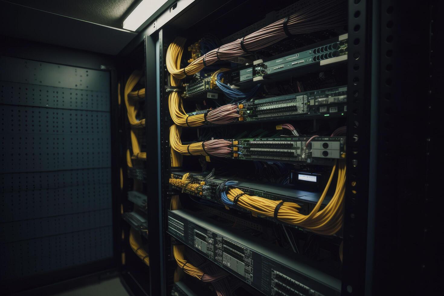 Ethernet cables and path panel in rack cabinet. photo