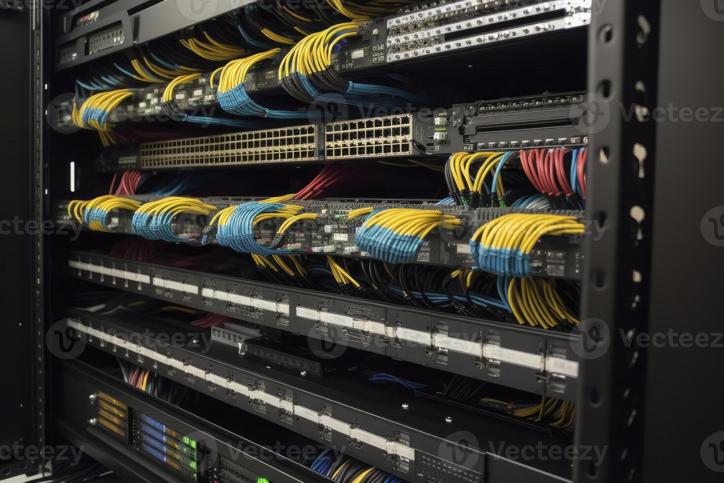 Ethernet cables and path panel in rack cabinet. photo