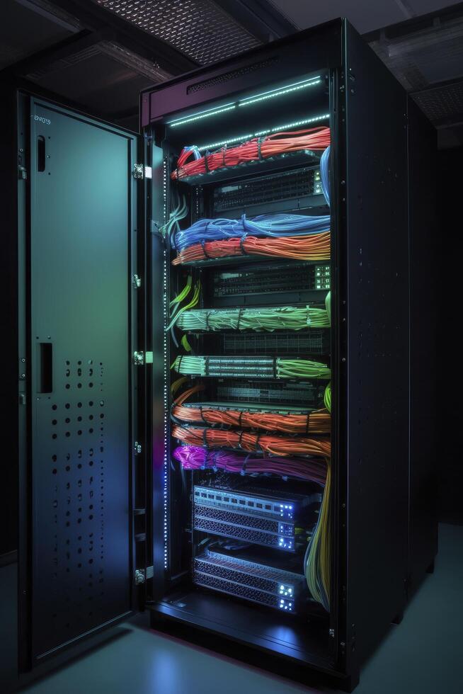 Ethernet cables and path panel in rack cabinet. photo