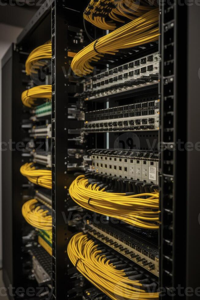 Ethernet cables and path panel in rack cabinet. photo