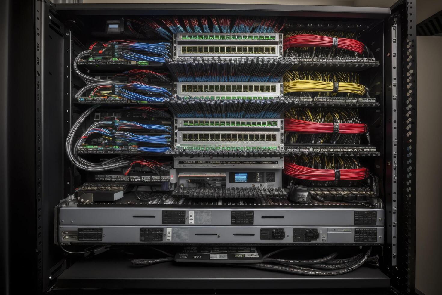 Ethernet cables and path panel in rack cabinet. photo