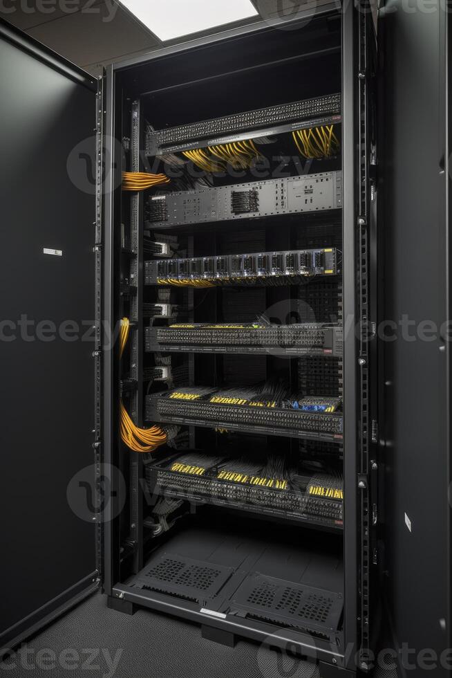 Ethernet cables and path panel in rack cabinet. photo
