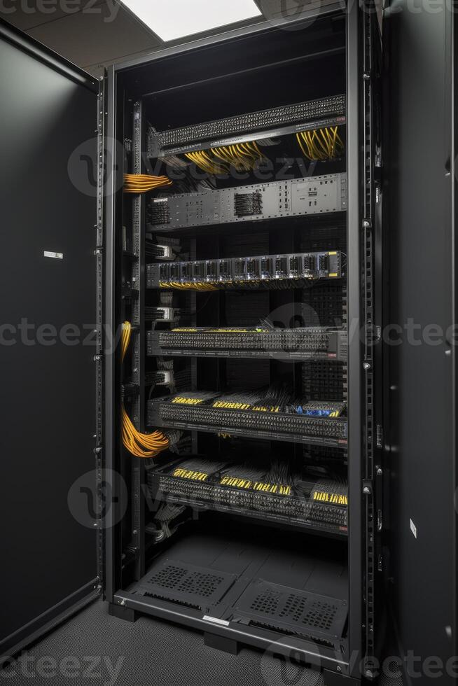 ethernet cables y camino panel en estante gabinete. generativo ai foto