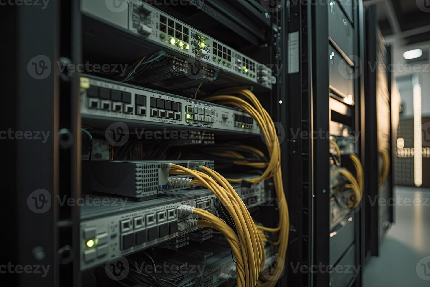 Ethernet cables and path panel in rack cabinet. photo