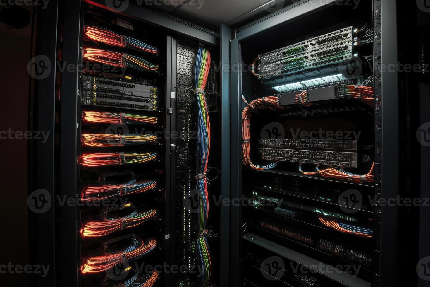 Ethernet cables and path panel in rack cabinet. photo