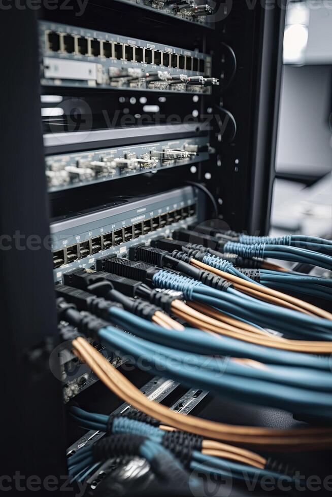 Network switch and ethernet cables Data Center. photo