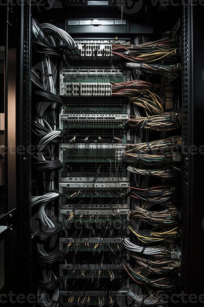 Ethernet cables and path panel in rack cabinet. photo