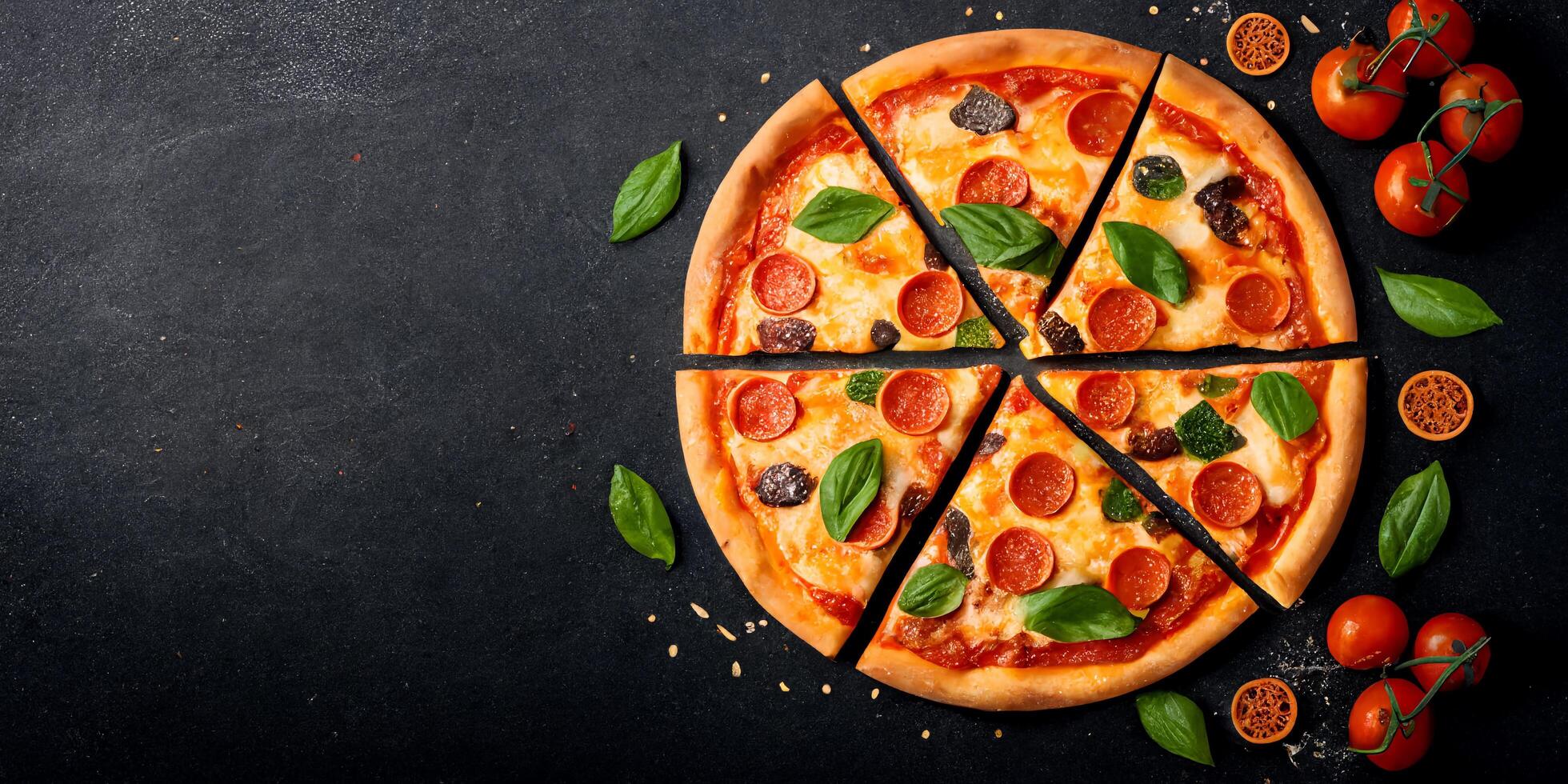 The top view pizza on the black table with ingredients and . 22994031 Stock Photo at Vecteezy