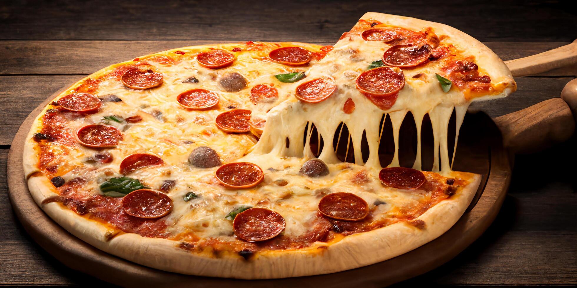 The pepperoni pizza and a piece of streched cheese pizza with . photo