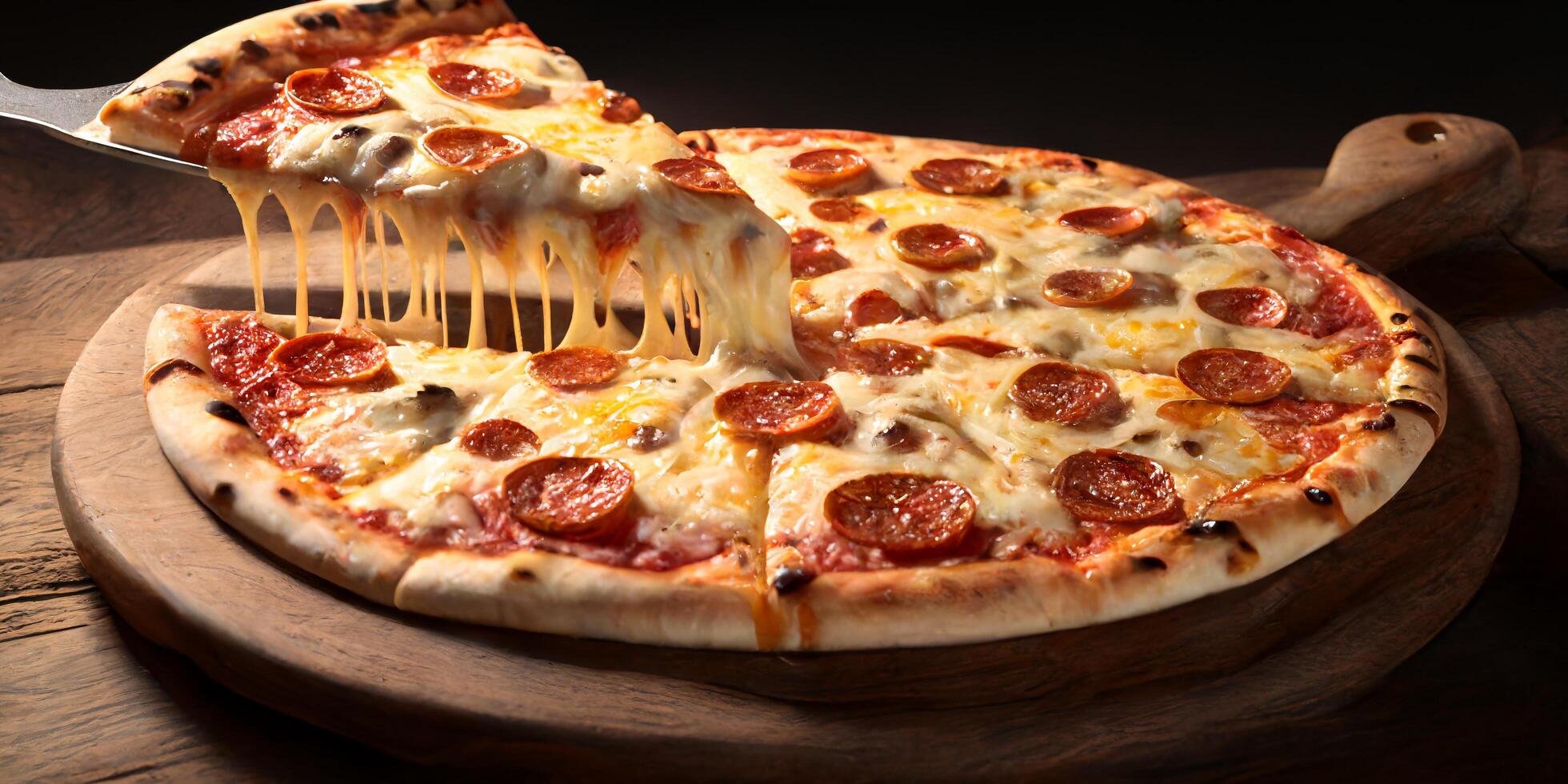 The pepperoni pizza and a piece of streched cheese pizza with . photo