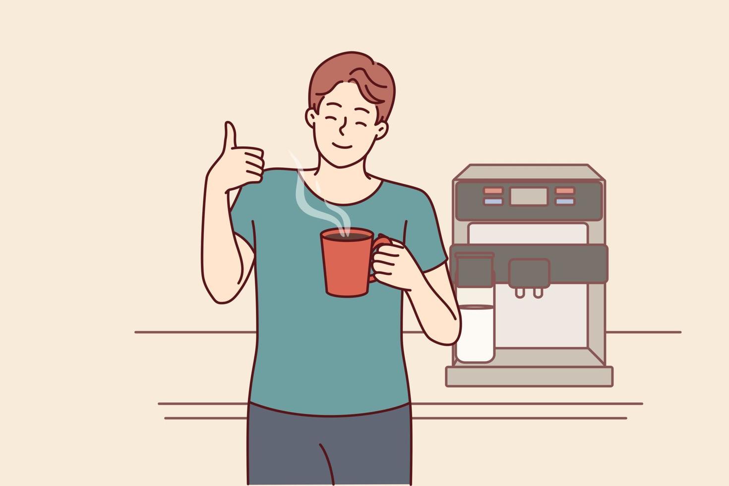 hombre bebidas café desde jarra en pie cerca máquina para haciendo delicioso Café exprés y muestra pulgares arriba. joven chico toma café descanso a animar arriba y incrementar productividad o permanecer despierto haciendo tedioso trabajo vector