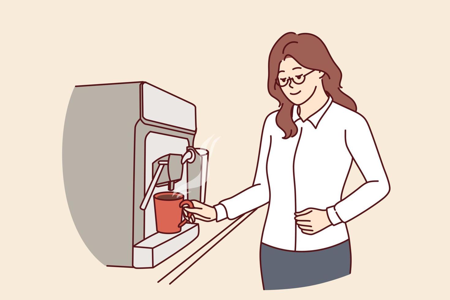 Businesswoman pouring coffee into mug from espresso machine during lunch break in office. Young girl in formal wear takes coffee break to gain energy and work overtime in order to meet deadlines. vector