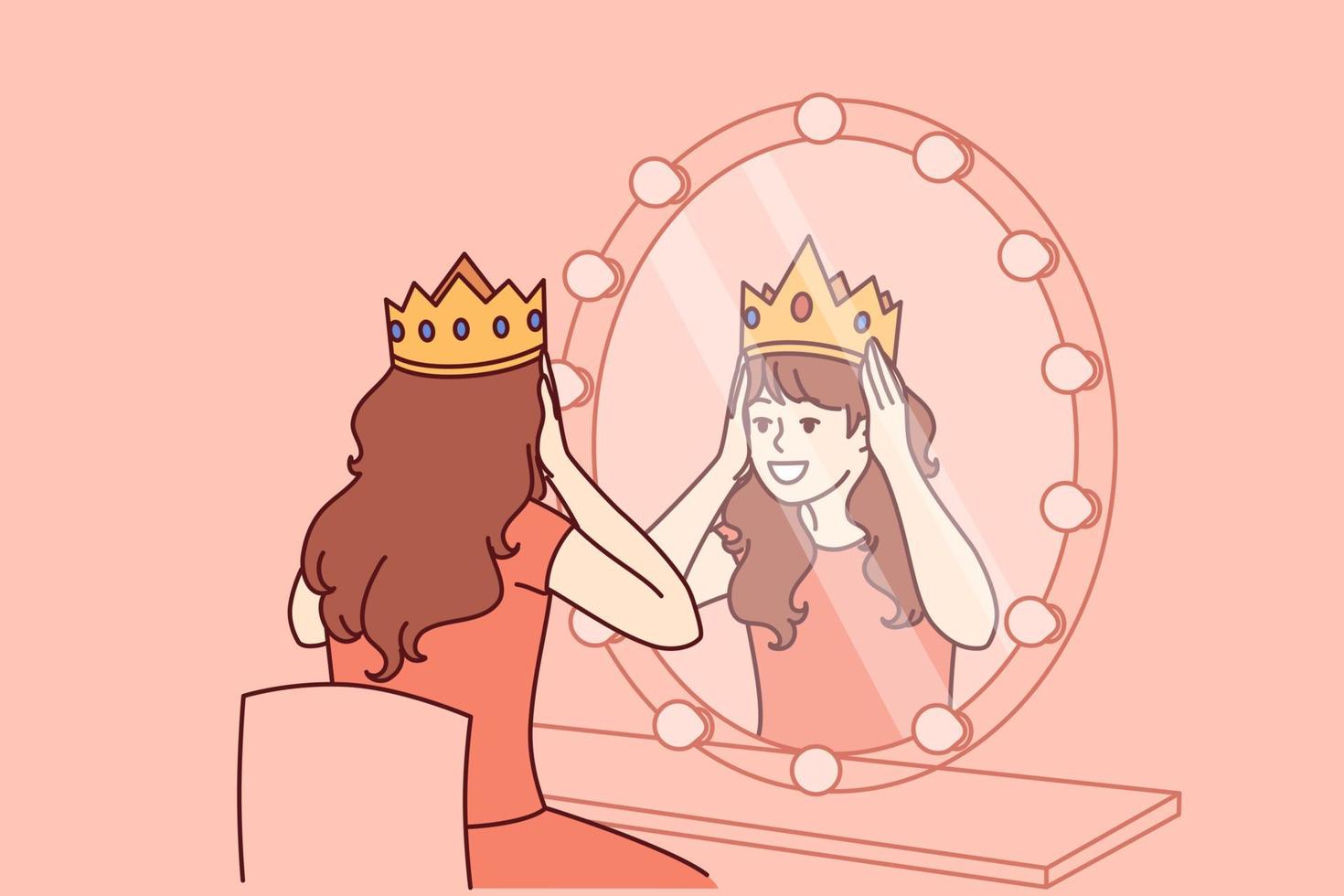 Little actress tries on crown sitting in dressing room with mirror and dreams of playing role of princess on theater stage. Teenage girl puts princess crown on head dreaming of living among kings vector