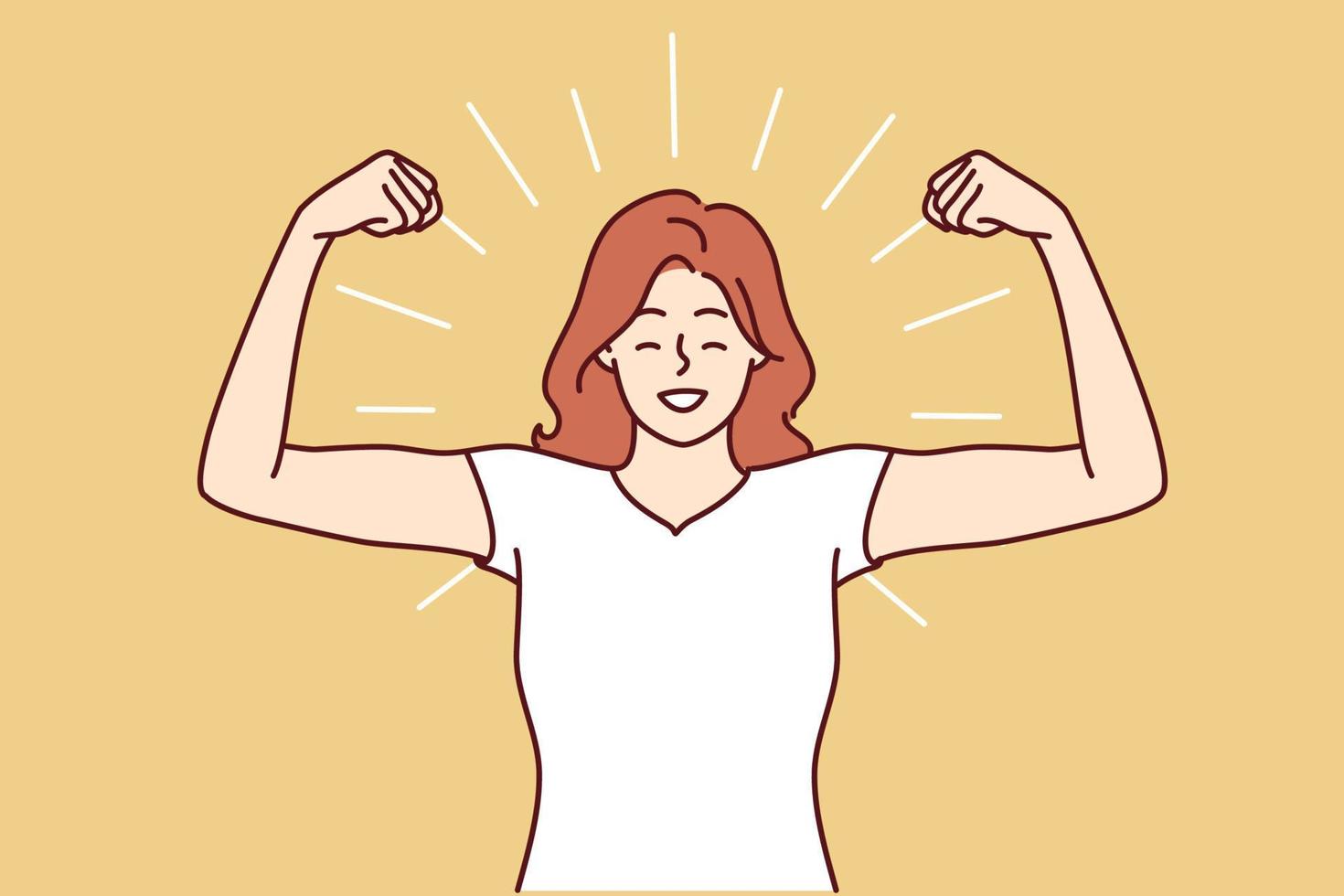 Woman shows biceps and smiles standing in strongman pose to demonstrate self-confidence and readiness for new achievements. Girl boasts biceps after going to fitness room and training with trainer vector