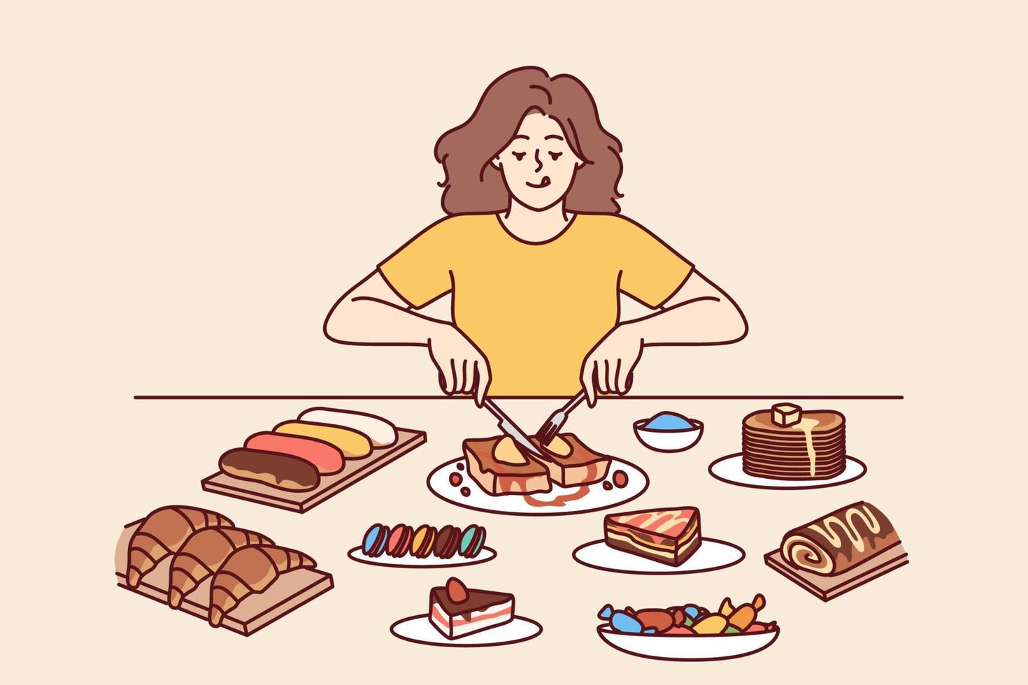 Woman overeats desserts sitting at table with sweet high-calorie food tasting cakes and croissants, forgetting about diet. Girl eats desserts during cheat meal without fear of gaining weight vector
