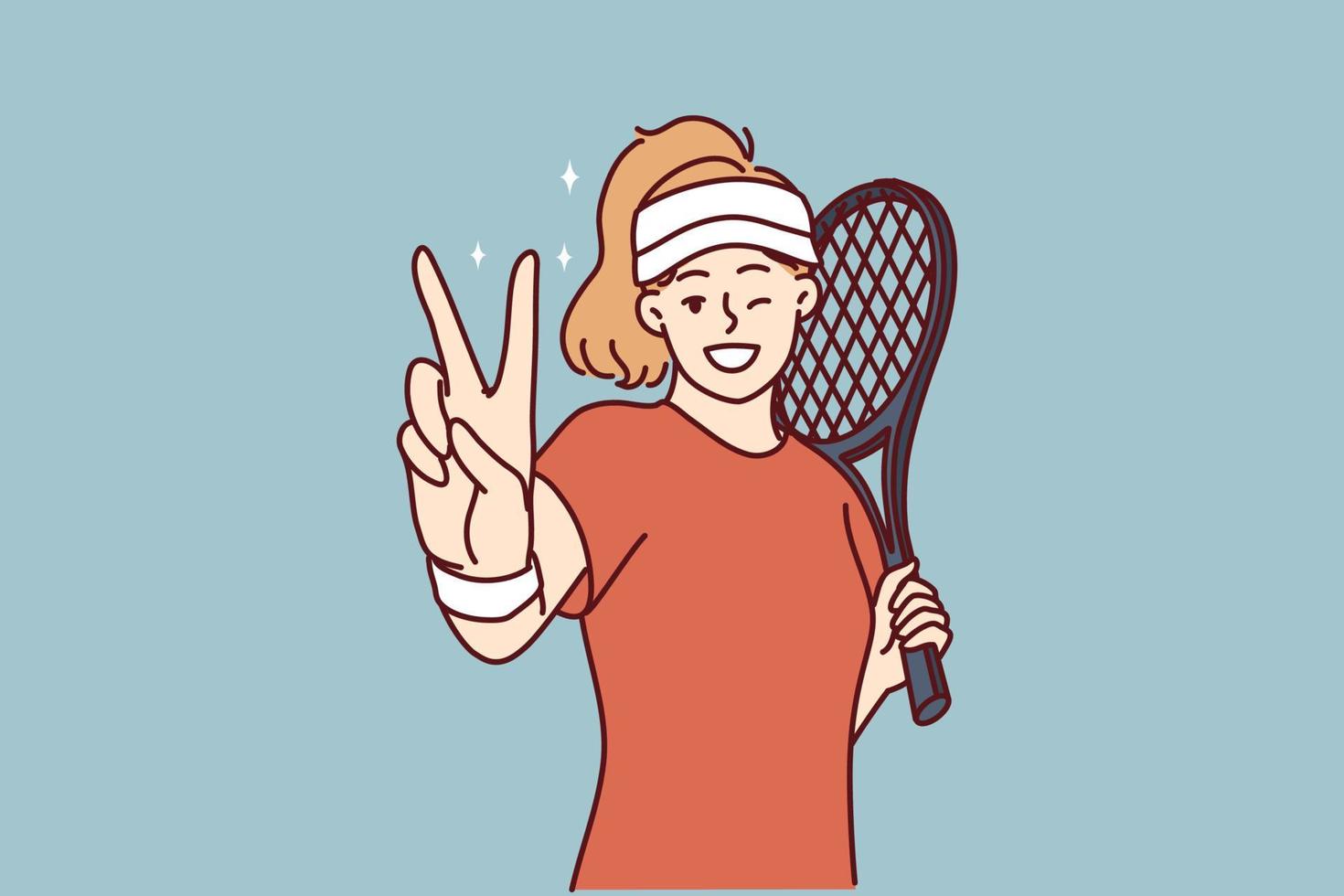 Woman tennis player demonstrates victory gesture before tournament or championship against professional opponent. Girl with tennis racket stands on court playing sports leads healthy lifestyle vector