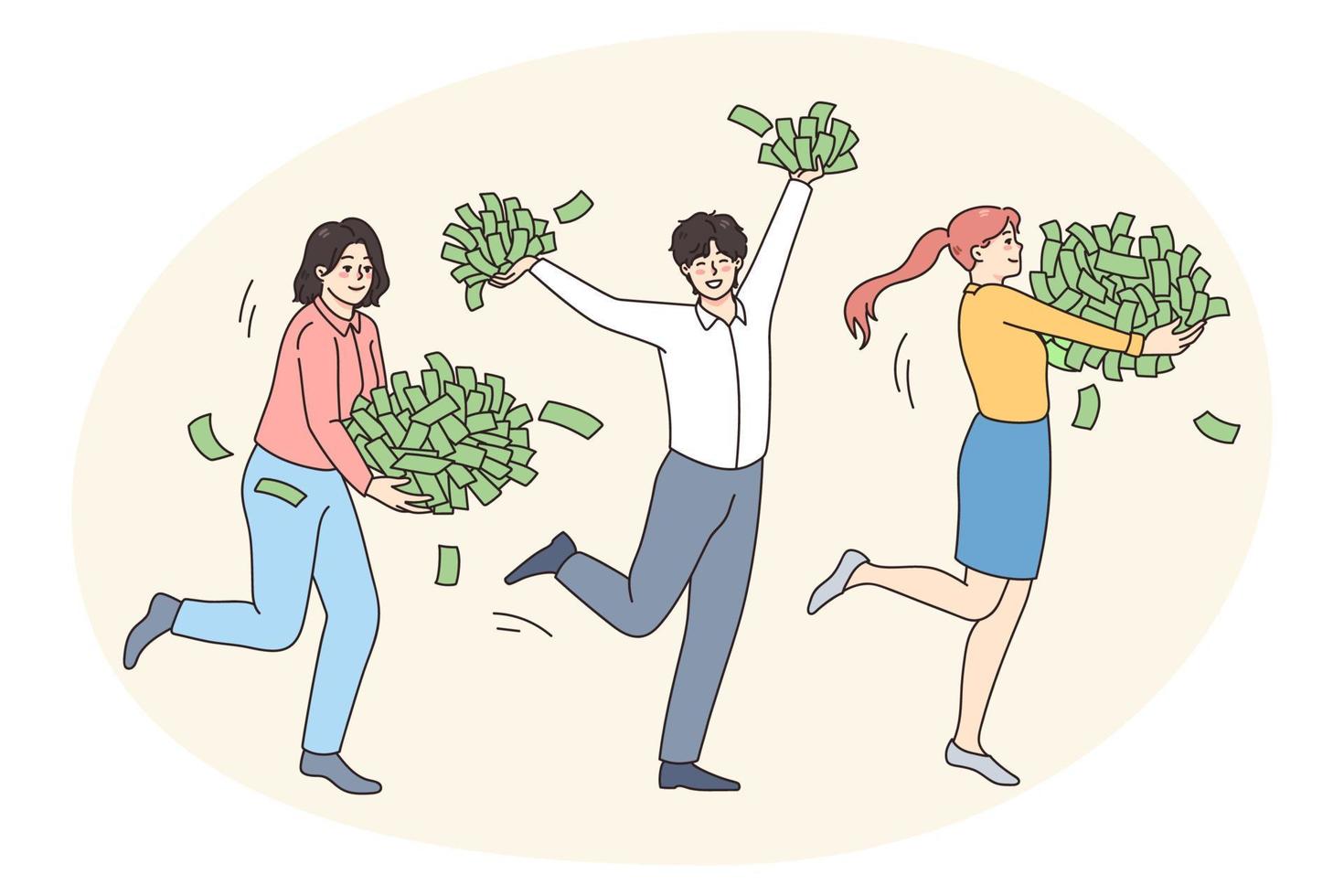 Happy people run with piles of money vector