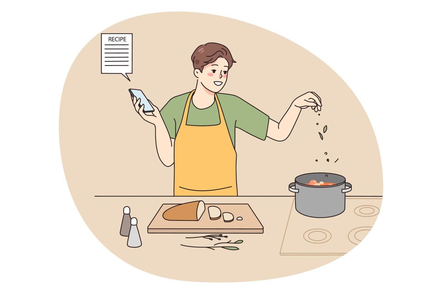 Smiling man cooking with recipe on cellphone vector