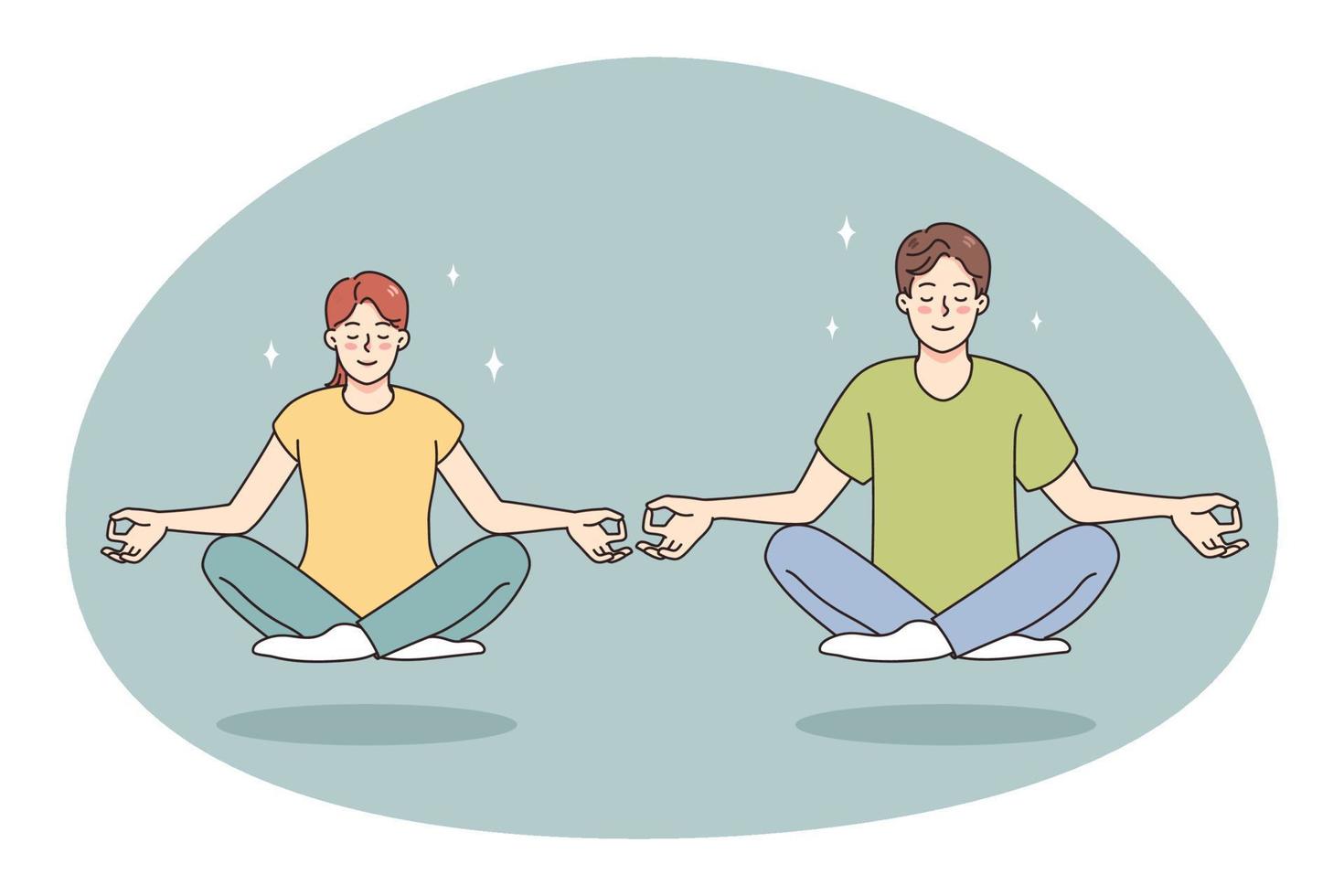 Calm man and woman meditate in lotus position vector