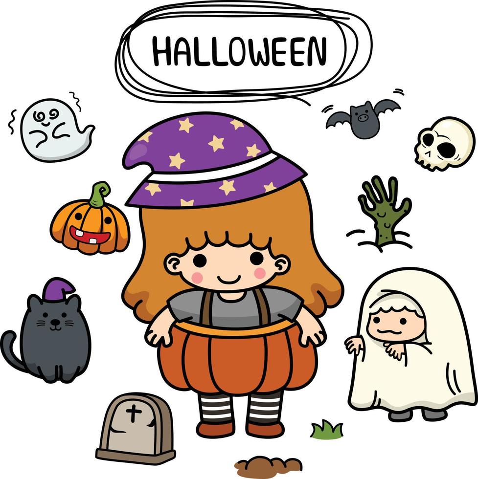 illustration isolated set cartoon halloween girl vector