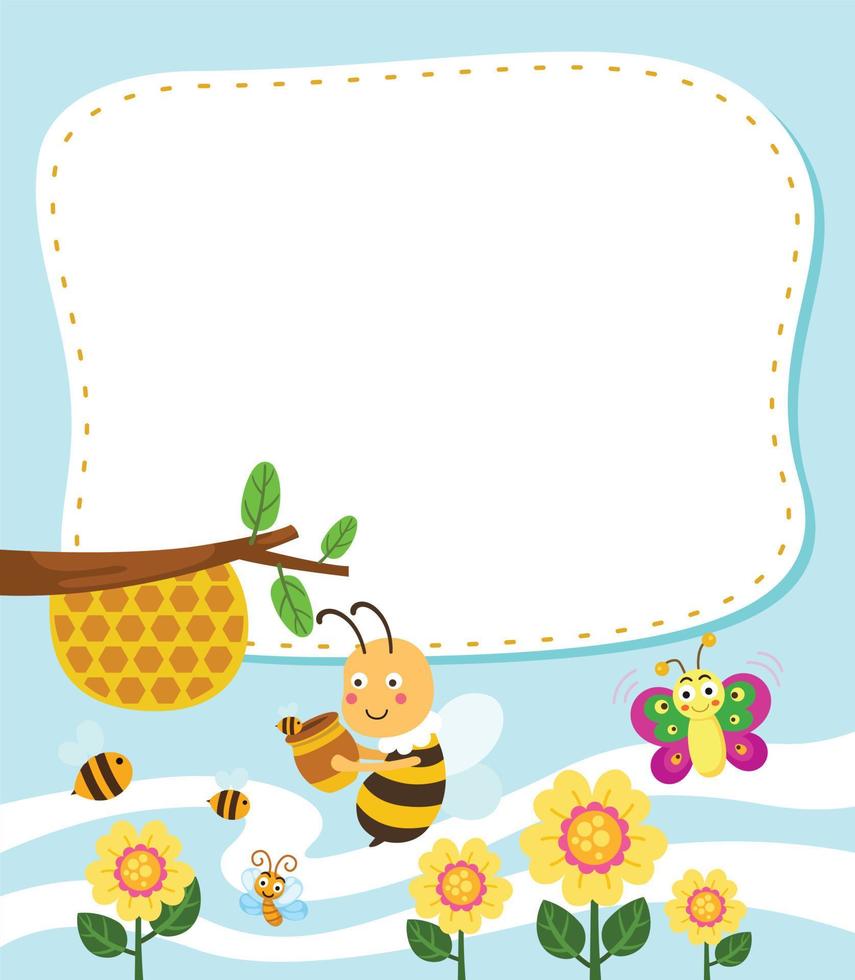 Empty banner template with cute bee collect honey illustration vector