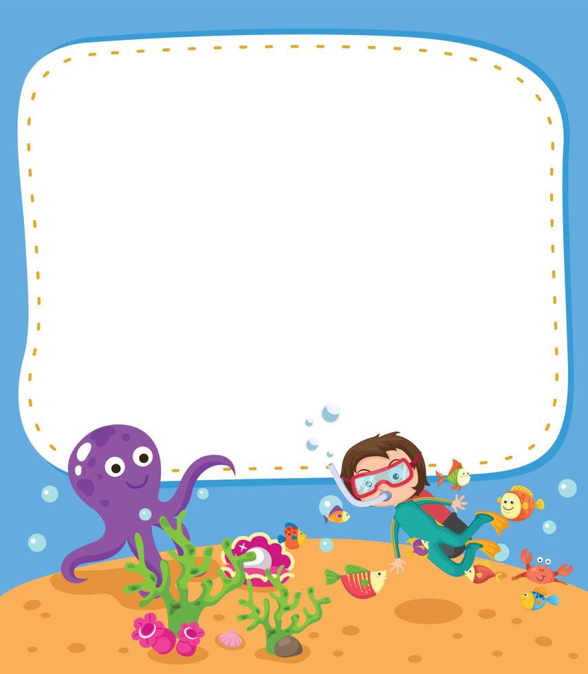 Empty banner template with boy scuba diving illustration vector