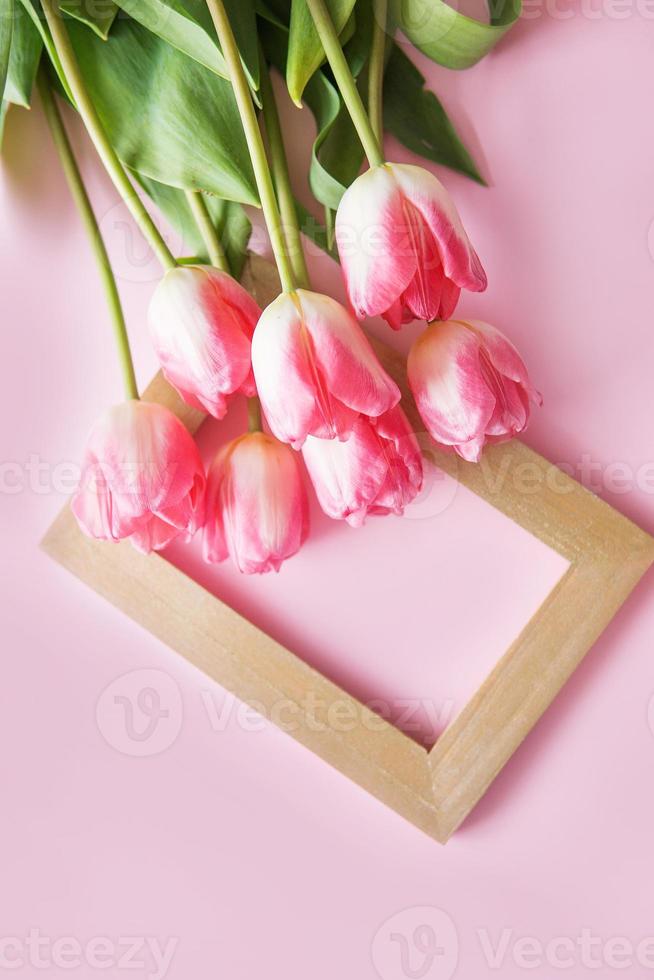 Pink Tulip flowers are arranged on a pink background. The view from the top, flat lay. Empty space for the text. Spring concept. Women's day. Mother's day. photo