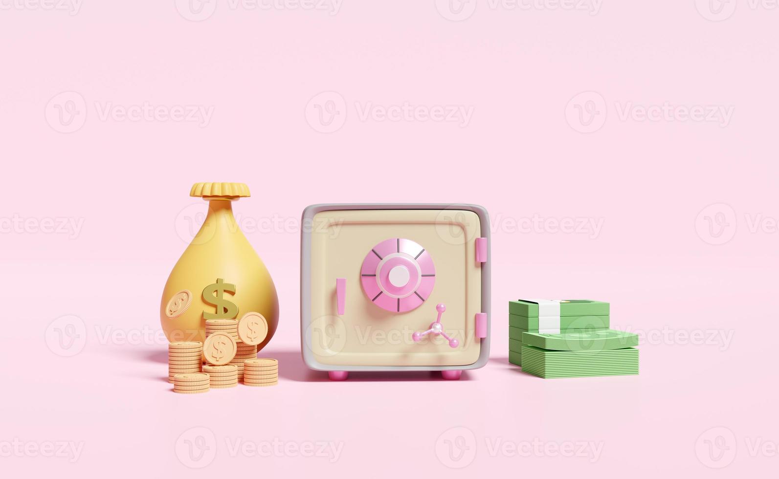 Safe box full of coins stack,banknote,bag money isolated on pink background.investment,saving money,business banking finance concept,3d illustration or 3d render photo