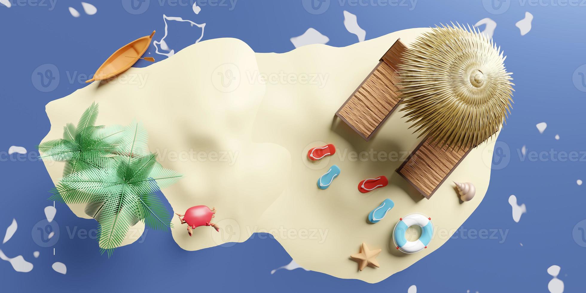 beach chair with umbrella,palm tree,lifebuoy,seaside,sandals,boat,island,starfish,crab isolated on sea water background.summer travel concept,3d illustration or 3d render,top view photo