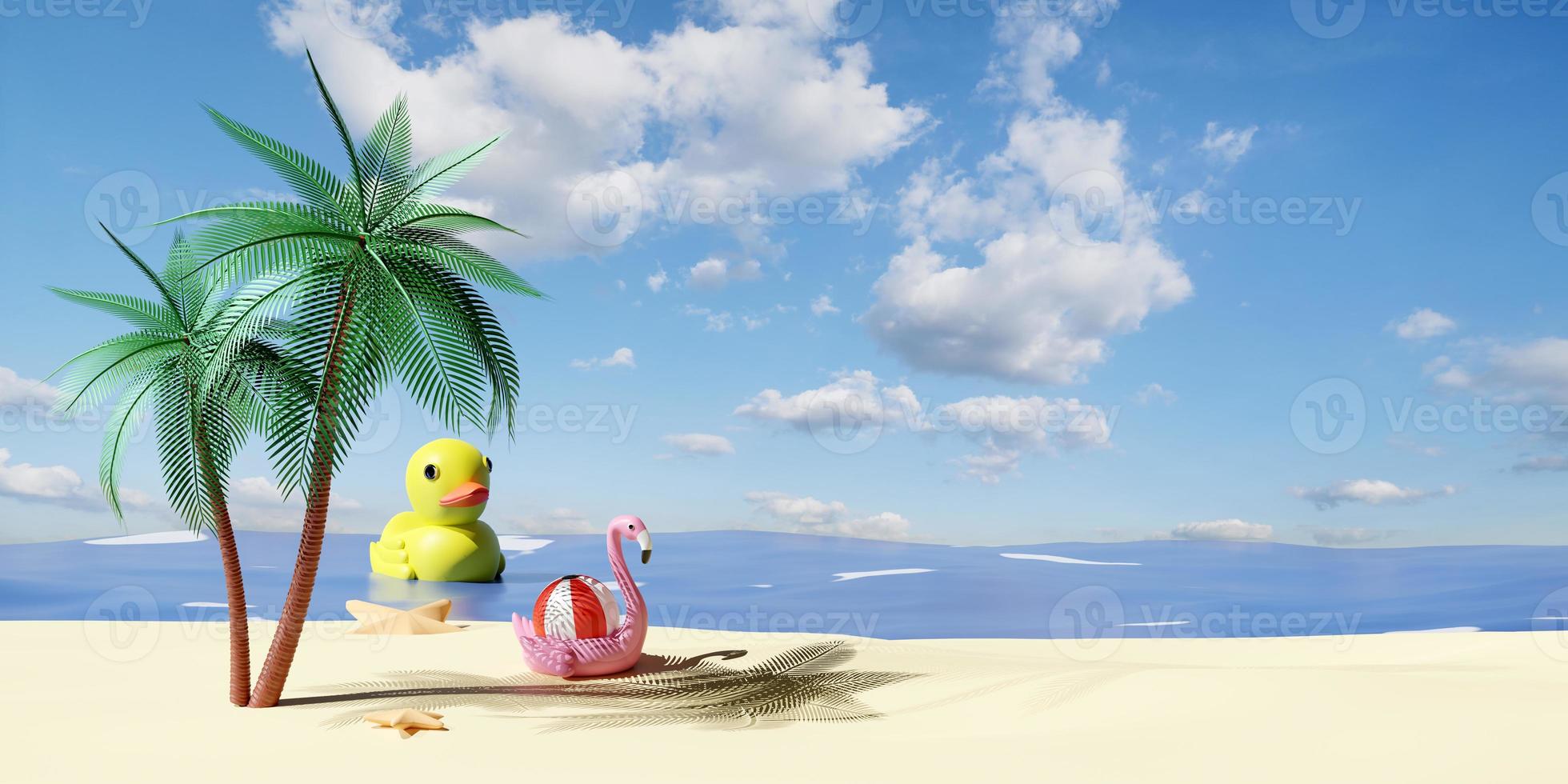 playa con palma árbol,junto al mar,amarillo pato inflable flamenco, bola, estrella de mar aislado en azul cielo fondo.verano viaje concepto, 3d ilustración o 3d hacer foto